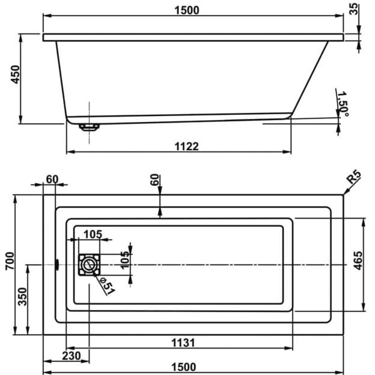 Royal Camilla badekar, 150x70 cm, hvid