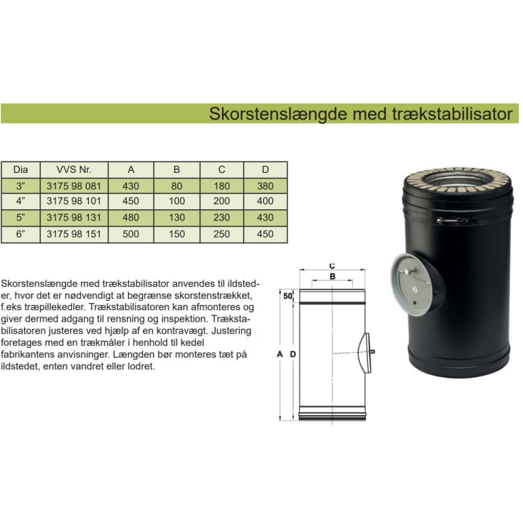 Metalbestos Wood  4"/100 mm skortenslængde, trækstabilisator, 500 mm