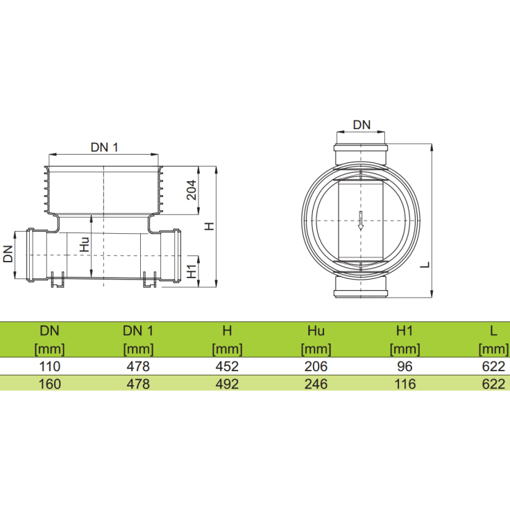 Rense- & inspektionsbrønd 160x425 mm, lige gennemløb