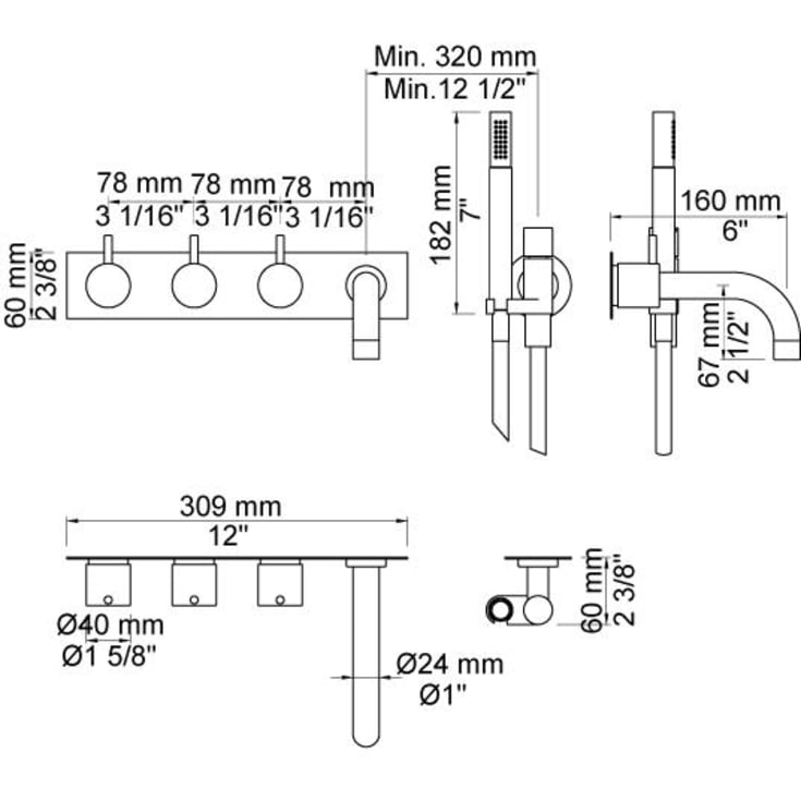 Vola 814C-071 badekarbatteri, 160 mm tut, med hånddusj, krom