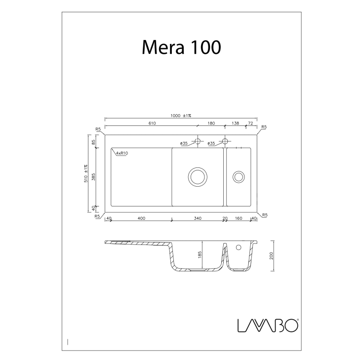 Lavabo Mera 100N køkkenvask, 100x51 cm, hvid