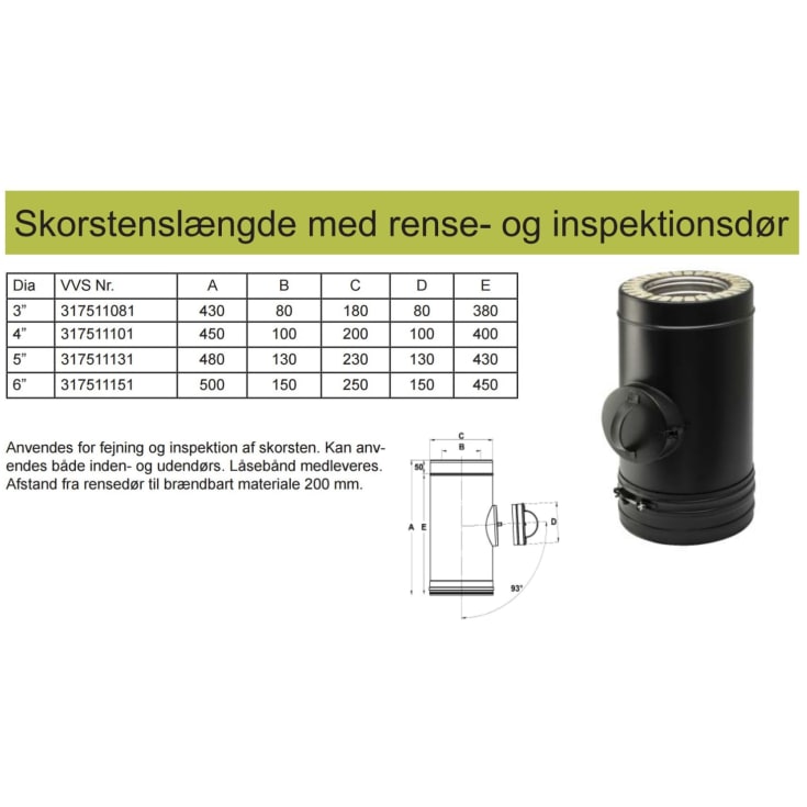 Metalbestos Wood skorstensrør 5"/130 mm, rensedør, 500 mm