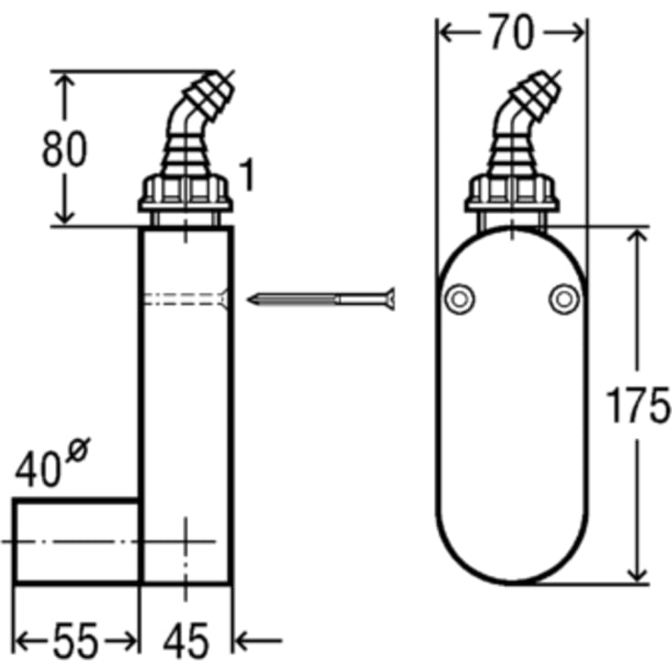 Viega kjøkkenvannlås til veggmontering, vannrett, Ø40 mm