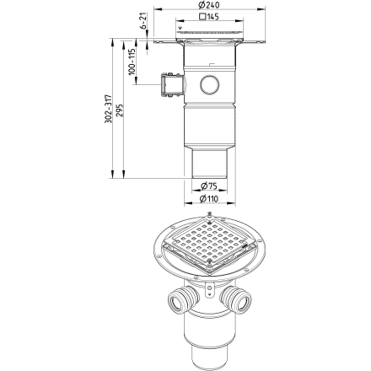 Blücher Square afløbsskål, til beton og flisegulv, Ø75 mm