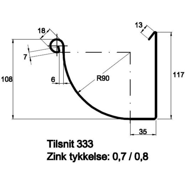 VMzinc indvendig gering nr. 12, 333 mm, til kvartrund arkitekt tagrende, zink