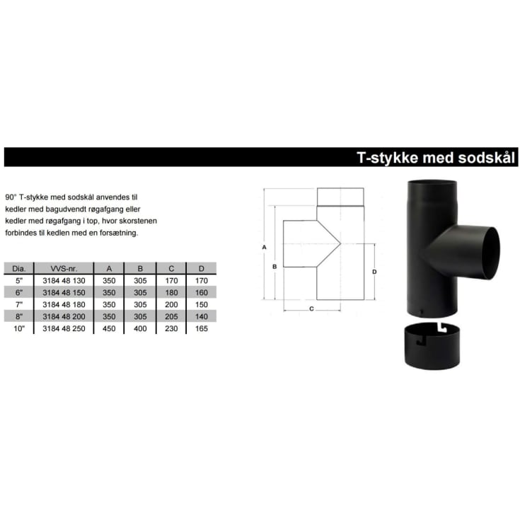 Metalbestos røgrør T-Stykke 5"/130 mm, sodskål, 90°
