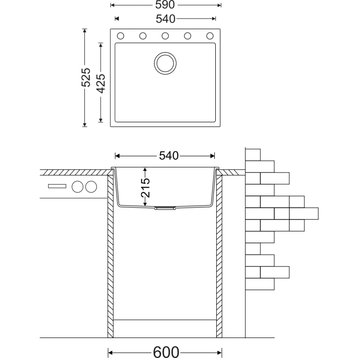 Secher Aalborg 540 køkkenvask, 59x52,5 cm, sort