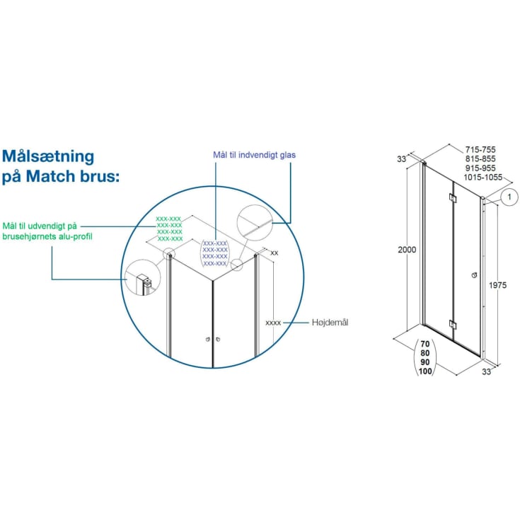 Dansani Match brusedør, model B, niche, 91,5 cm, klart glas, satin profil