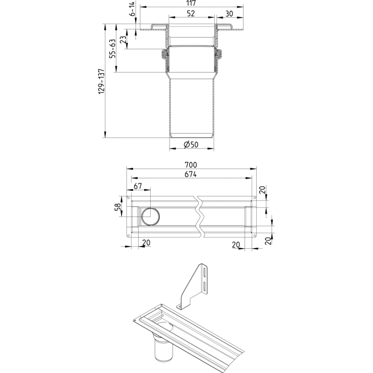 Blücher Waterline avløpsarmatur, for betong og flis, 700 mm
