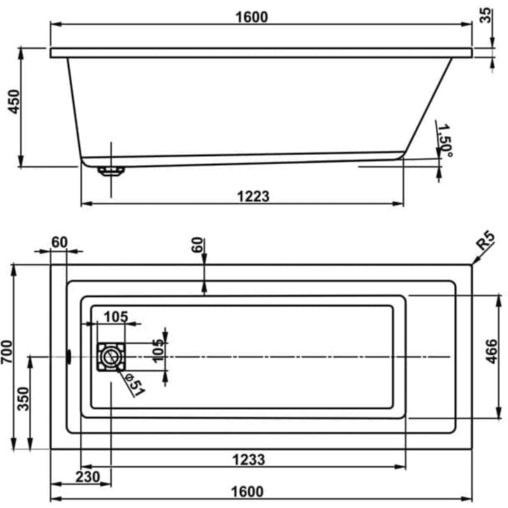 Royal Camilla badekar, 160x70 cm, hvid