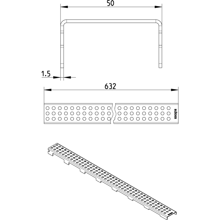 Blücher Waterline Vienna rist, 700 mm, rustfrit stål