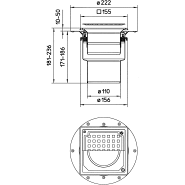 Blücher Square afsløbsskål, til beton og flisegulv, membranklemflange, Ø110 mm
