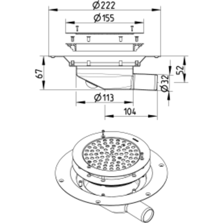 Blucher Circle sluk, for vinylbelegg, Ø32 mm
