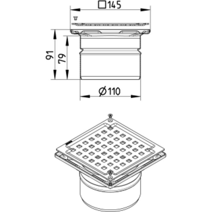 Blücher Square afløbsskål, til beton og flisegulv, Ø110 mm