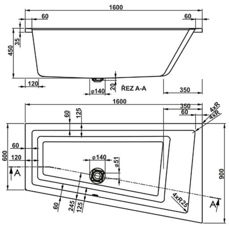Royal Camilla badekar, 160x90 cm, venstre, hvid