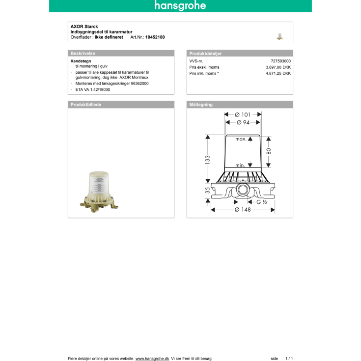 Hansgrohe indbygningsdel til gulvstående kararmatur