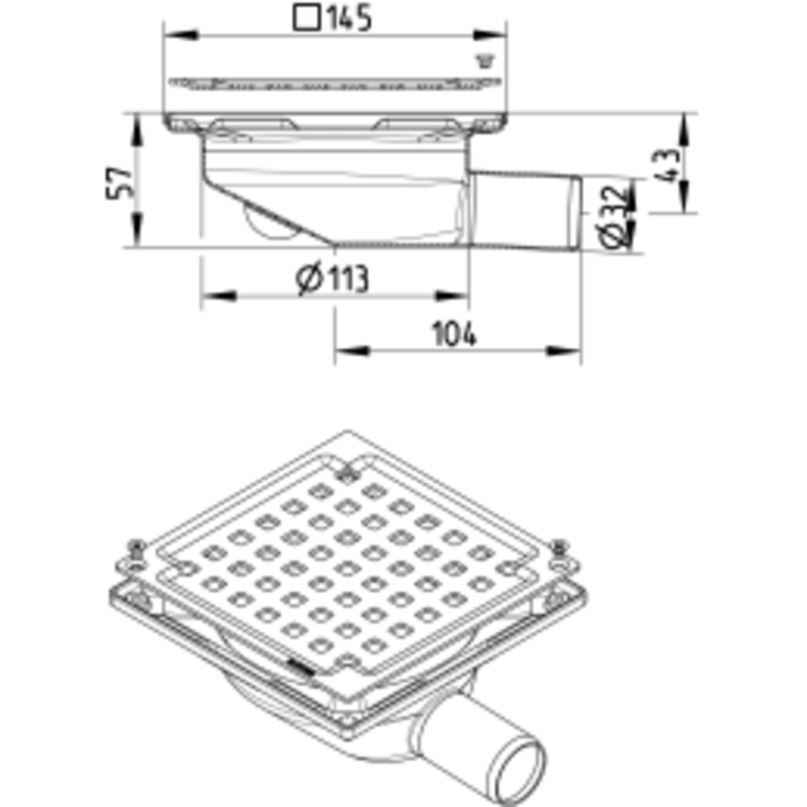 Blücher Mini Square afløbsskål, til beton og flisegulv, Ø32 mm