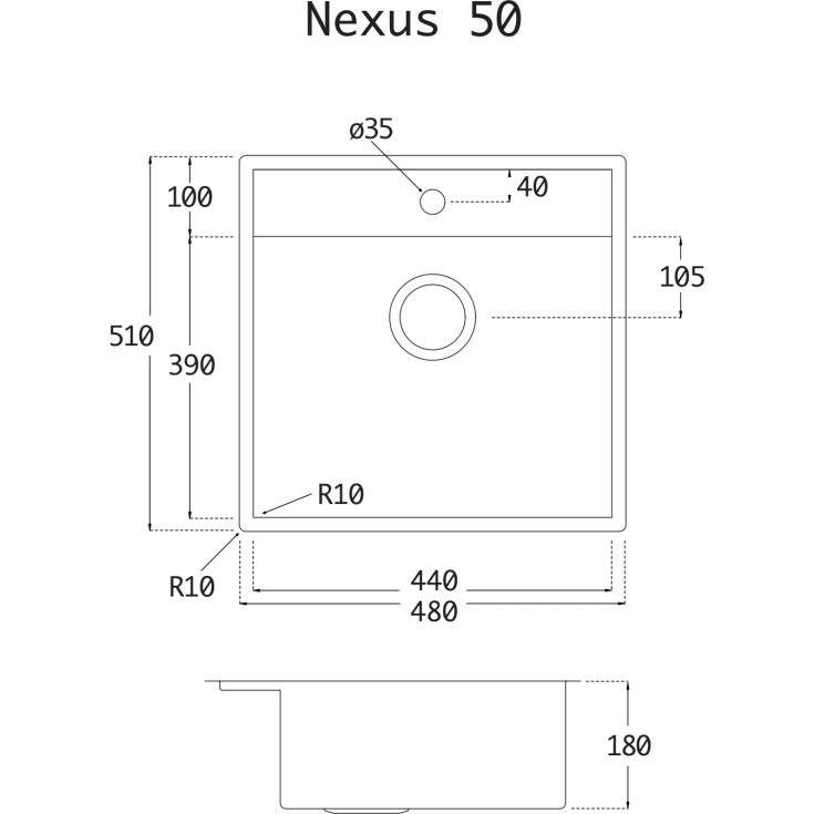 Lavabo Nexus 50 køkkenvask, 48x51 cm, rustfrit stål