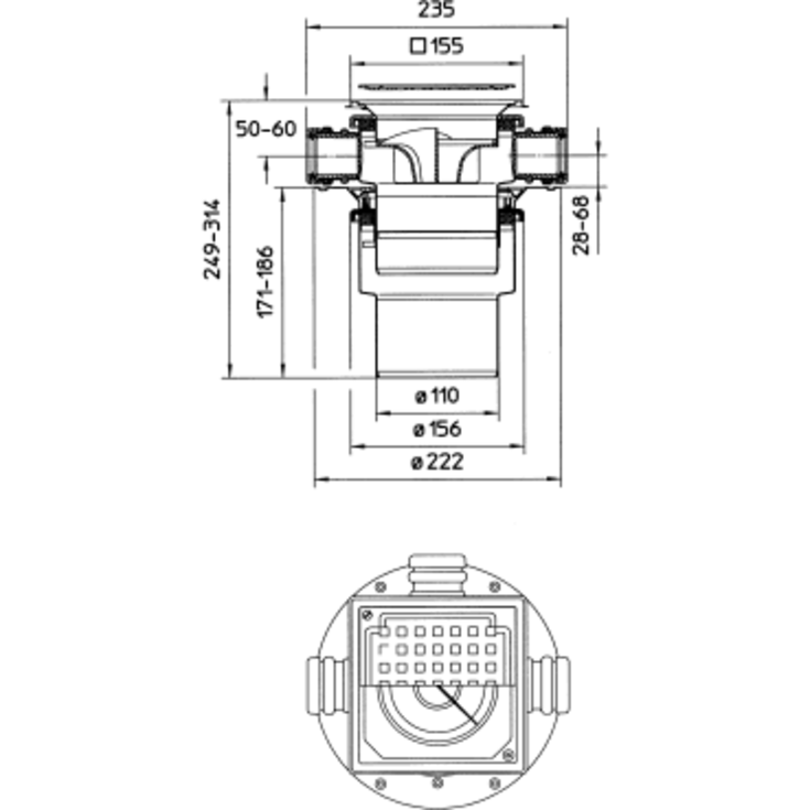 Blücher Square afsløbsskål, til beton og flisegulv, membranklemflange, Ø110 mm
