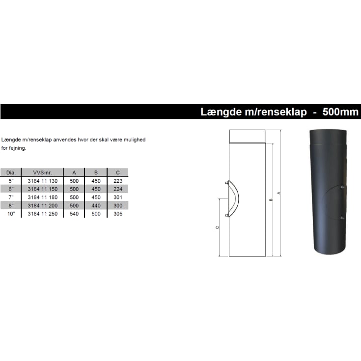Metalbestos røgrør 6"/150 mm, renseklap, 500 mm