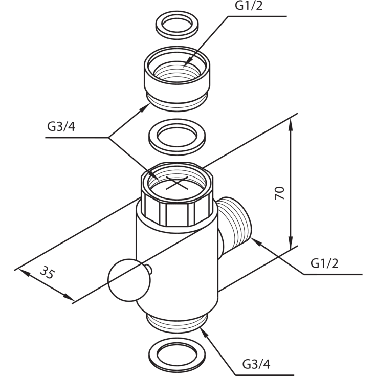 Damixa omskifter, 1/2" x 3/4", krom