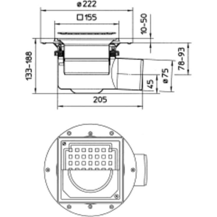 Blücher afløbsskål, til beton og flisegulv, klembanemebran, Ø75 mm