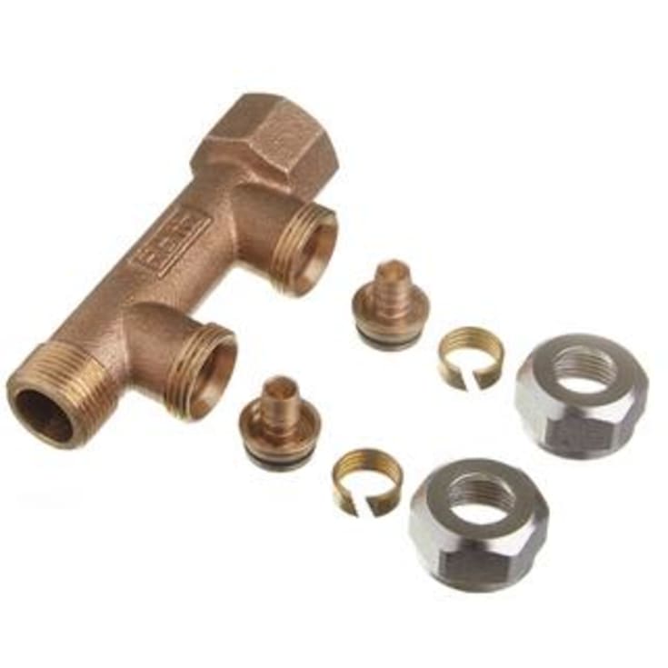 Roth gunmetal fördelningsrör 3/4", fast hylsa, 2 grenar med 15 mm överfallsmutter