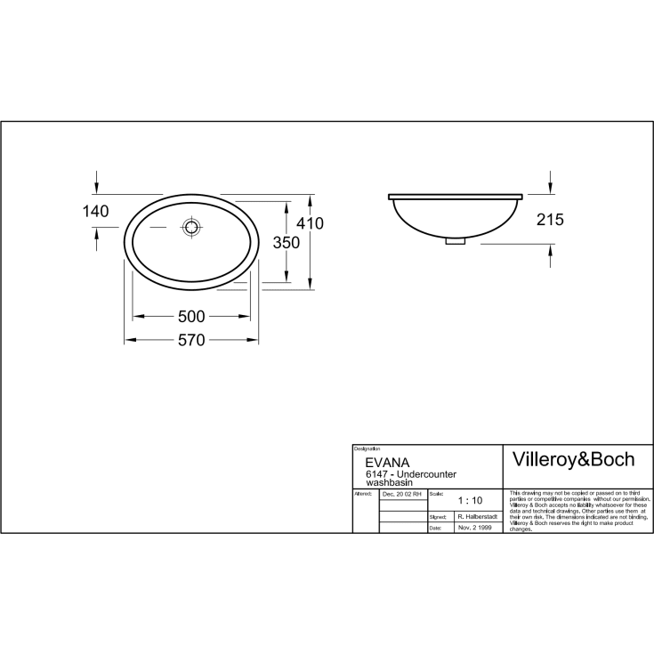Villeroy & Boch Evana servant for underliming, 57x41 cm, hvit