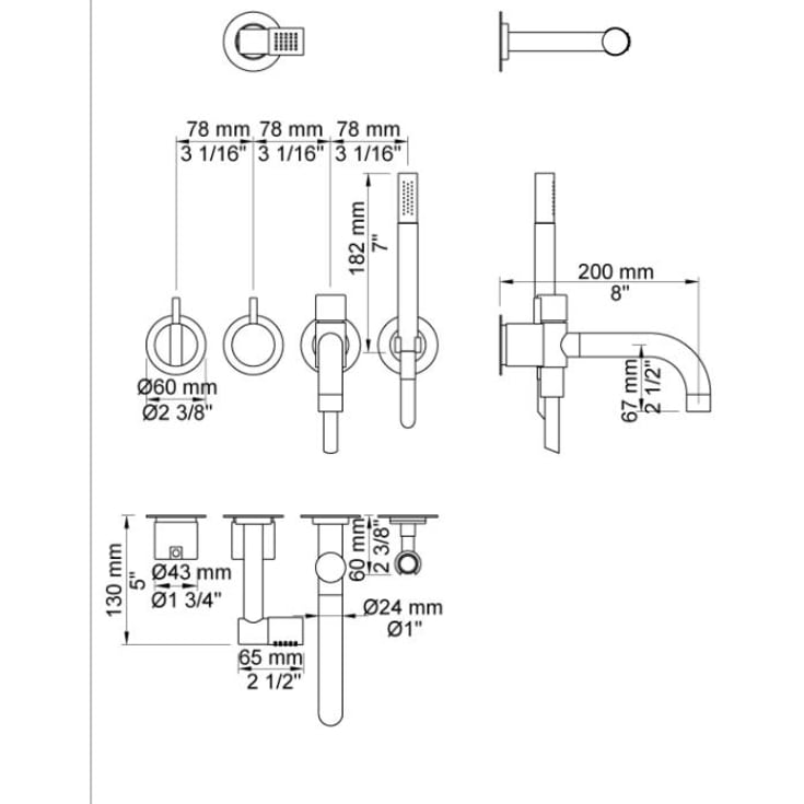 Vola 2441DT8-081 badekar/dusjbatteri, m/hånddusj og hodedusj, krom