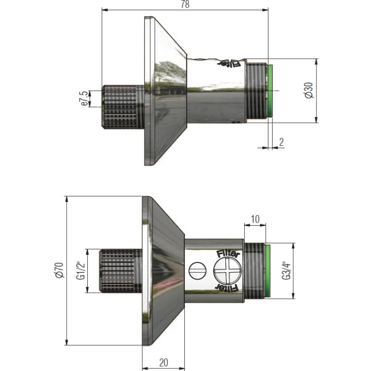 Nico forskruning med avsperring, eksentrisk, 3/4" x 1/2", krom