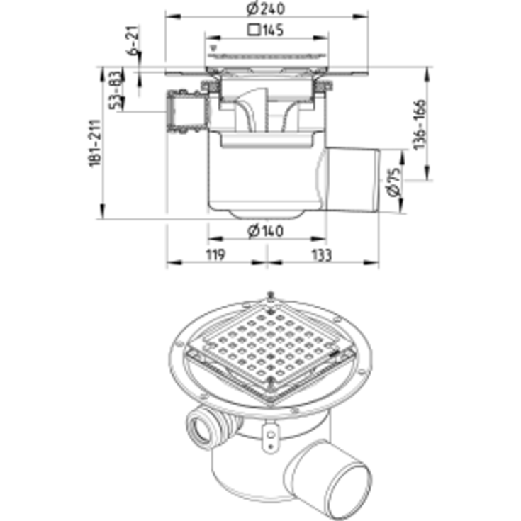 Blücher Square sluk, type 311, for betong og flis, Ø75 mm