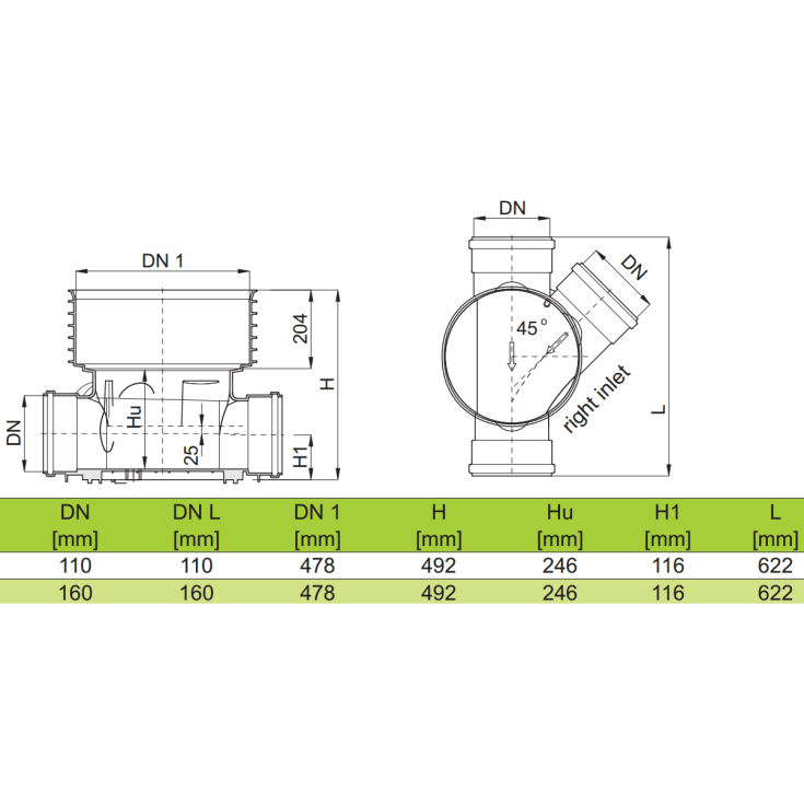 Rense- & inspektionsbrønd 110x425 mm, højre tilløb