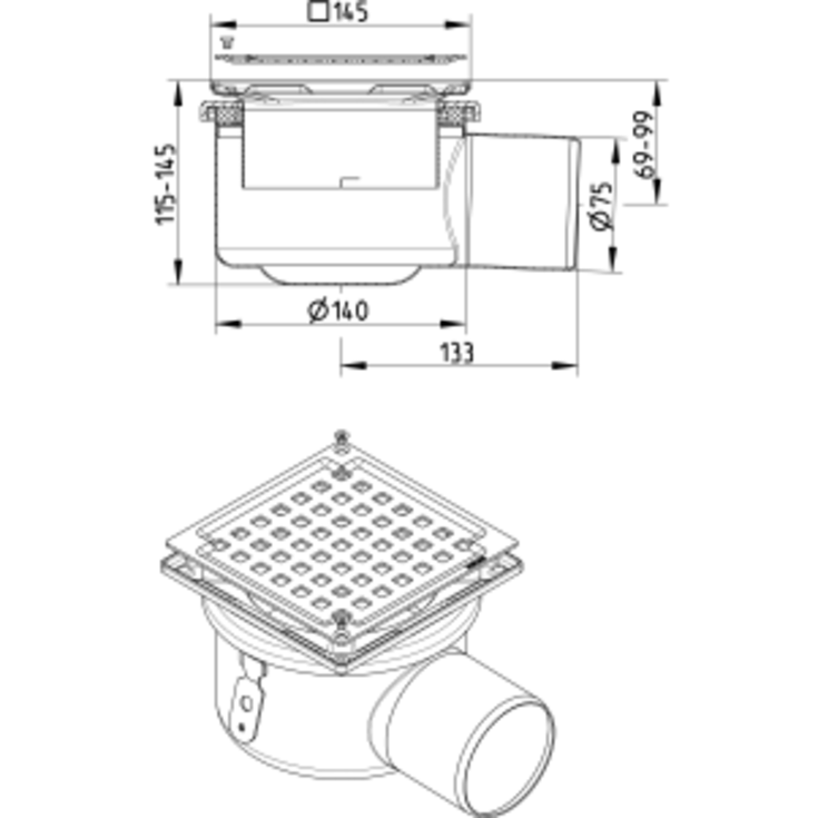Blücher Square afløbsskål, til beton og flisegulv, Ø75 mm