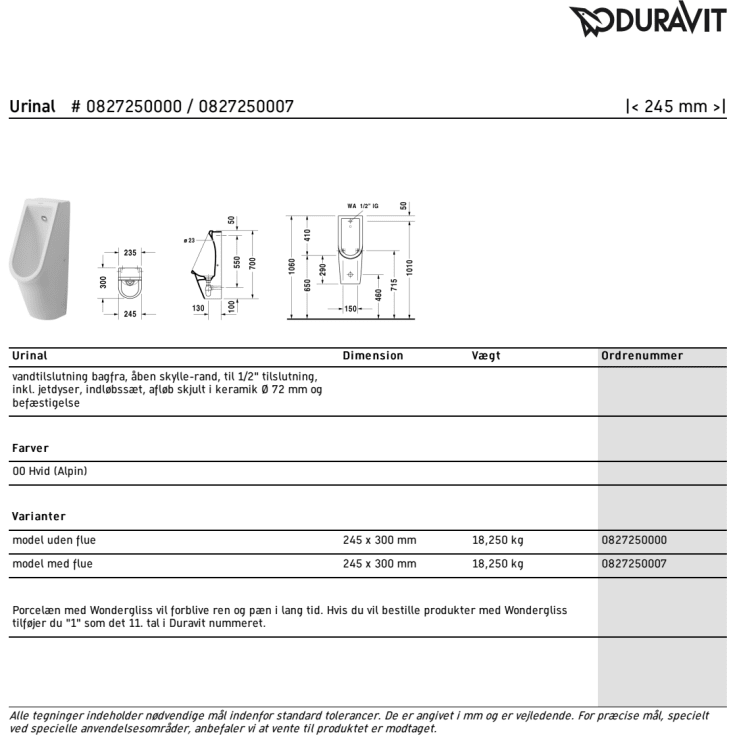Duravit Starck 3 urinal, rengøringsvenlig, hvid