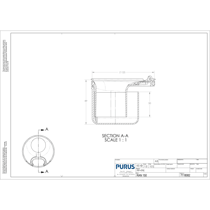 Purus Ran indbygningsvandlås, til vinylgulvafløb
