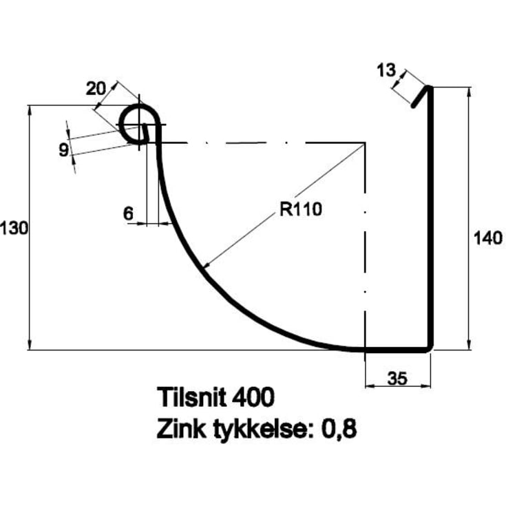 4 stk VMzinc udvendig gering nr. 13, 400 mm, til kvartrund arkitekt tagrende, zink