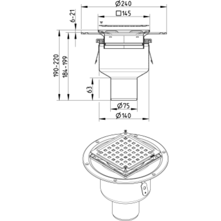 Blücher Square afløbsskål, til beton og flisegulv, Ø75 mm