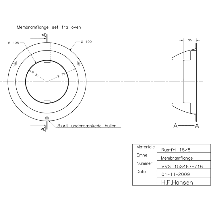 H.F. Hansen membranflange, til Ø110 mm, rustfrit stål