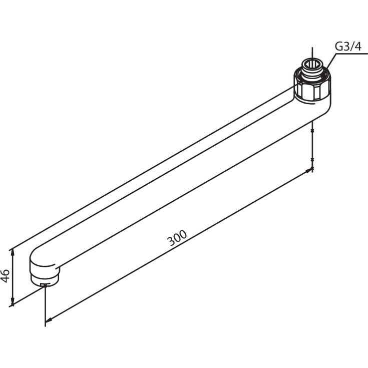 Damixa D-tud, svingbar, 300 mm, 3/4", krom