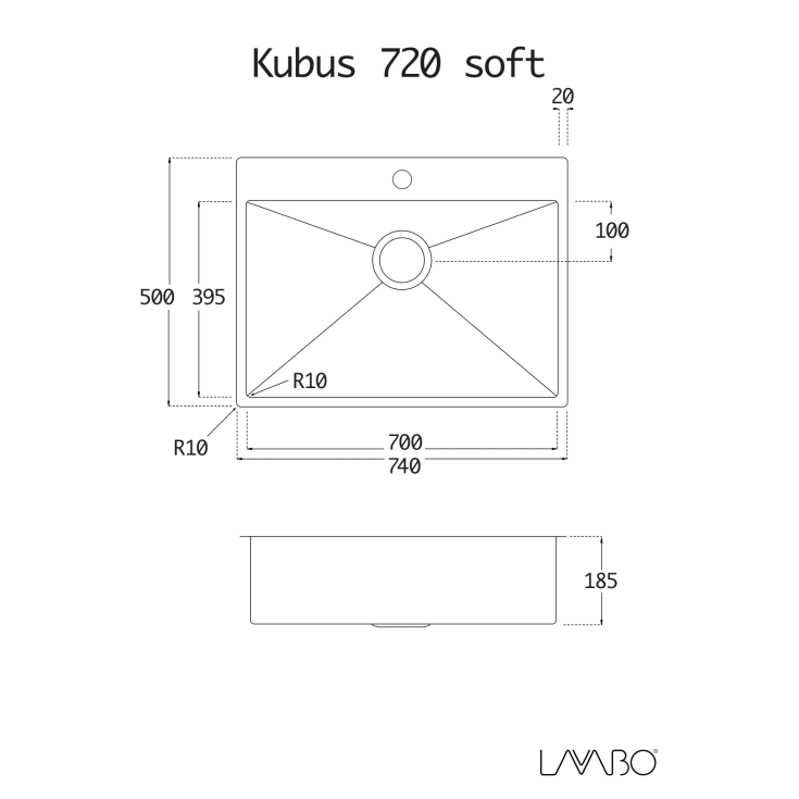 Lavabo Kubus 720 soft køkkenvask, 74x50 cm, rustfrit stål
