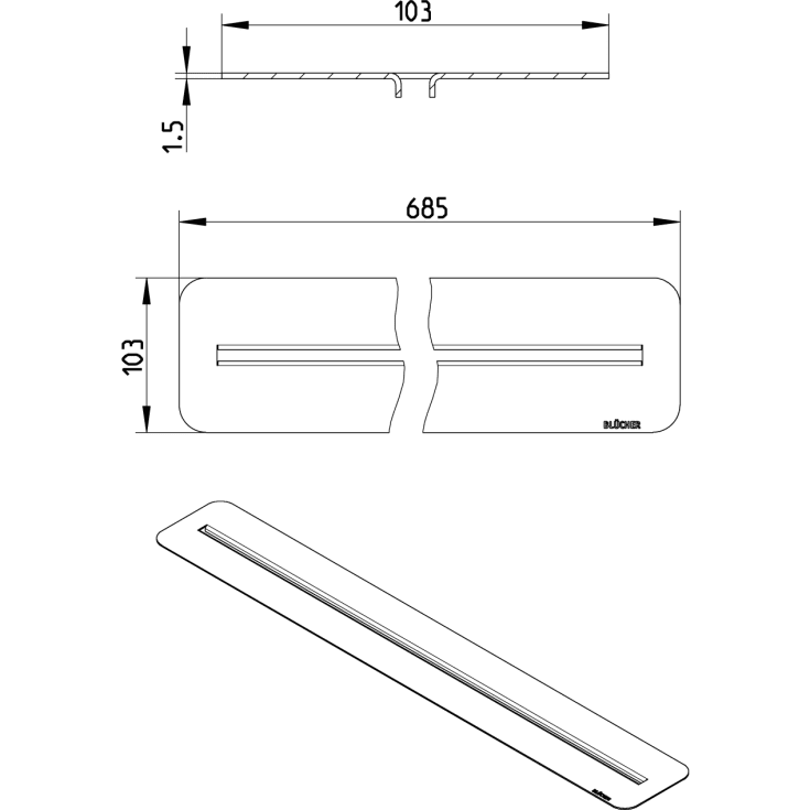 Blücher Waterline Copenhagen rist, til vinylgulv, 700 mm, rustfrit stål