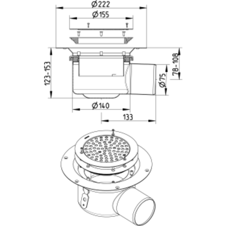Blücher Circle afløbsskål, til vinylgulv, Ø75 mm
