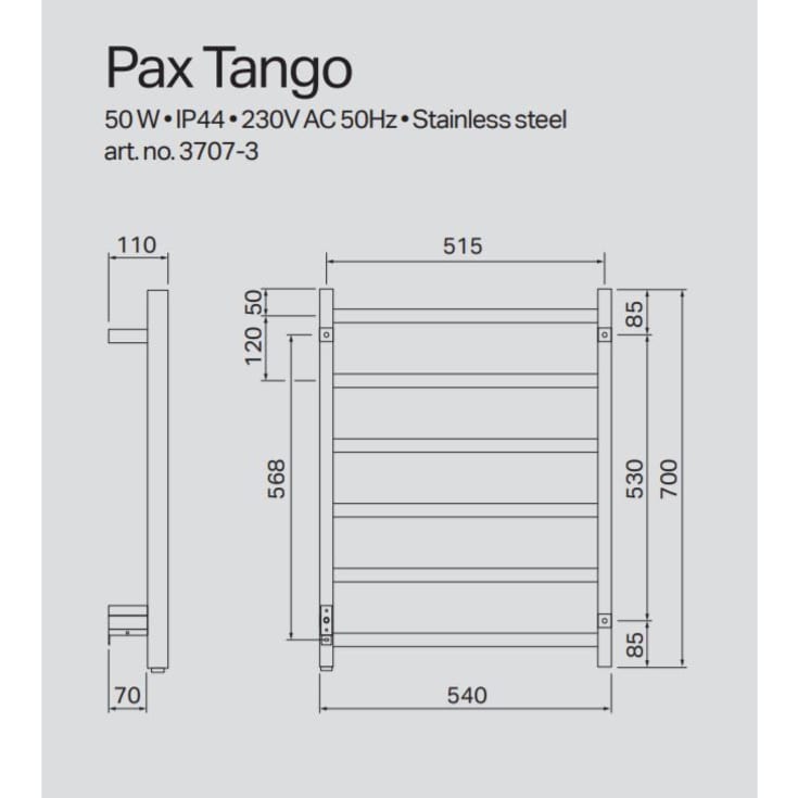 Pax Tango håndklædetørrer, el, 54x70 cm, krom