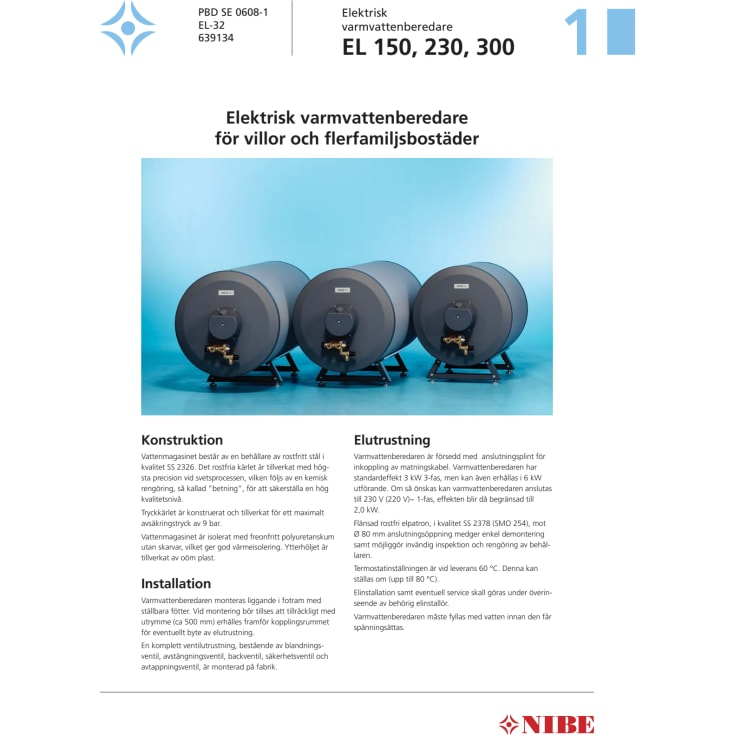 Nibe EL elektrisk varmvattenberedare 150 liters, rostfri