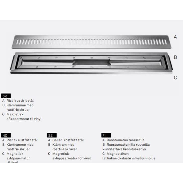 Unidrain 4004 avloppsarmatur 700 mm, till vinyl, med galler, friliggande