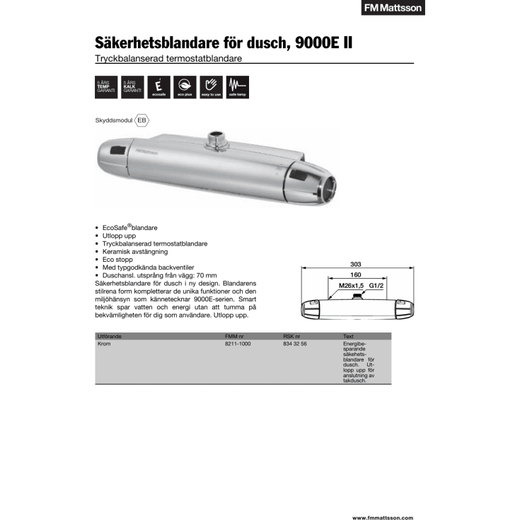 FM Mattsson 9000E II duschblandare, krom