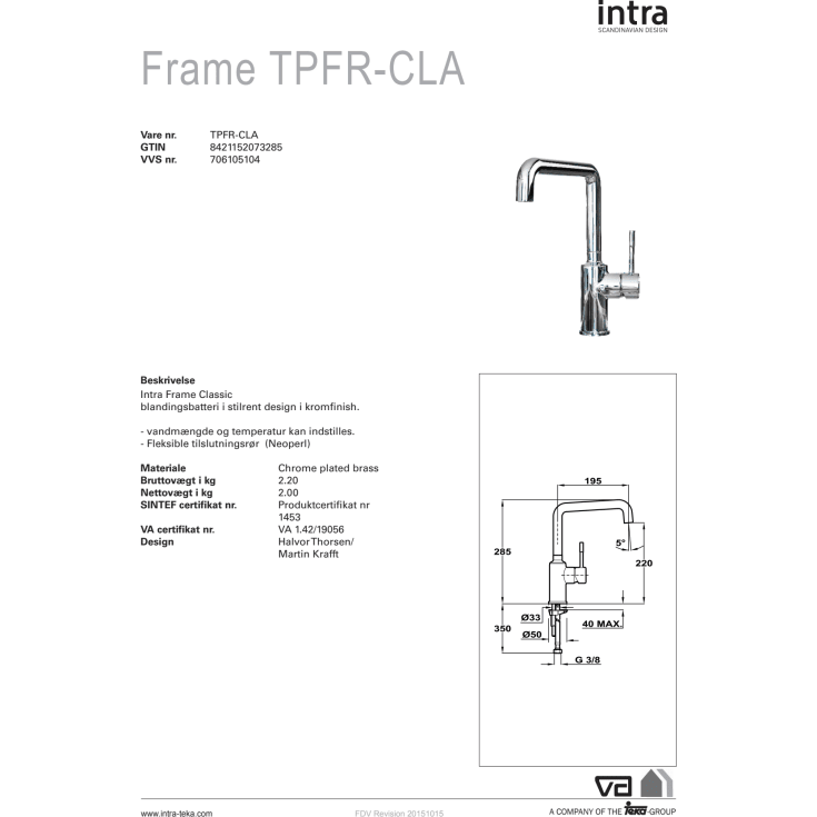 Intra Frame Classic kjøkkenarmatur, krom