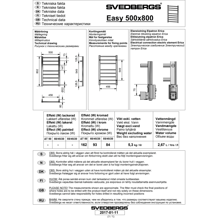 Svedbergs Easy håndklædetørrer, kombi, 80x50cm, krom