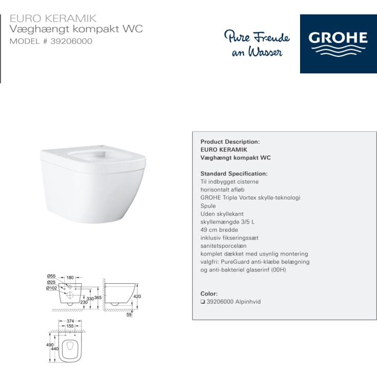 Grohe Euro væghængt toilet, uden skyllekant, hvid