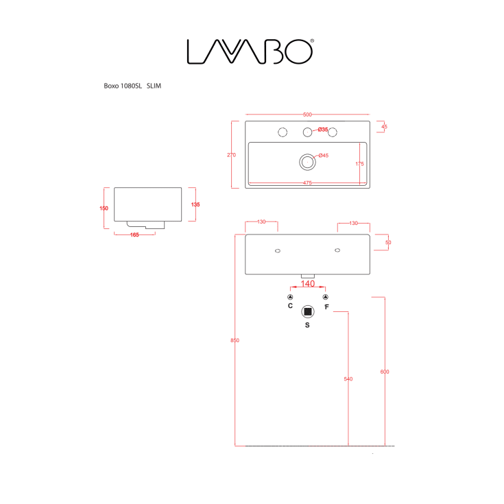 Lavabo Boxo 1080 Slim servant, 50x30 cm hvit